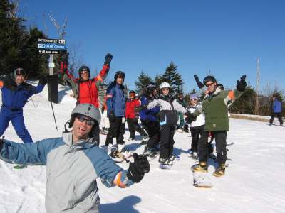 Happy people skiing